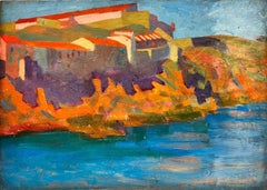 Antique South of France Coastal Buildings 1930's French Post Impressionist Oil Painting