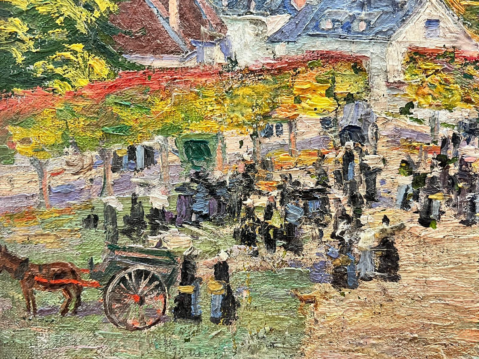 Peinture à l'huile post-impressionniste française « Village Fete Market Gathering » des années 1930 - Painting de Suzanne Crochet
