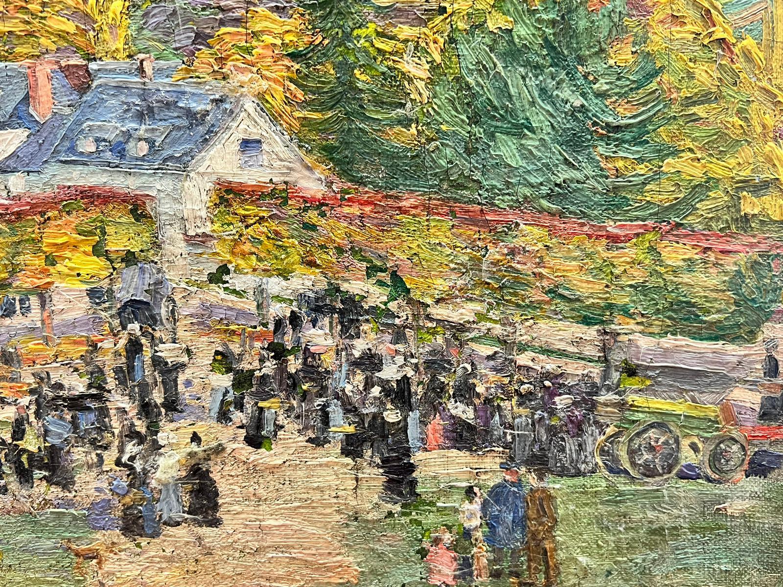 Peinture à l'huile post-impressionniste française « Village Fete Market Gathering » des années 1930 - Post-impressionnisme Painting par Suzanne Crochet
