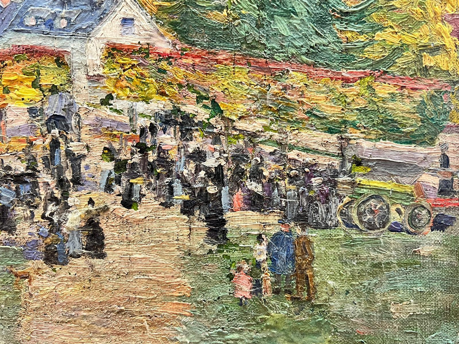 Artist/ School: Suzanne Crochet (French c. 1930) French Impressionist artist

Title: the Village Gathering

Medium: oil on stretched canvas on board, unframed 

board: 10 x 14 inches

Provenance: private collection, France

Condition: The painting