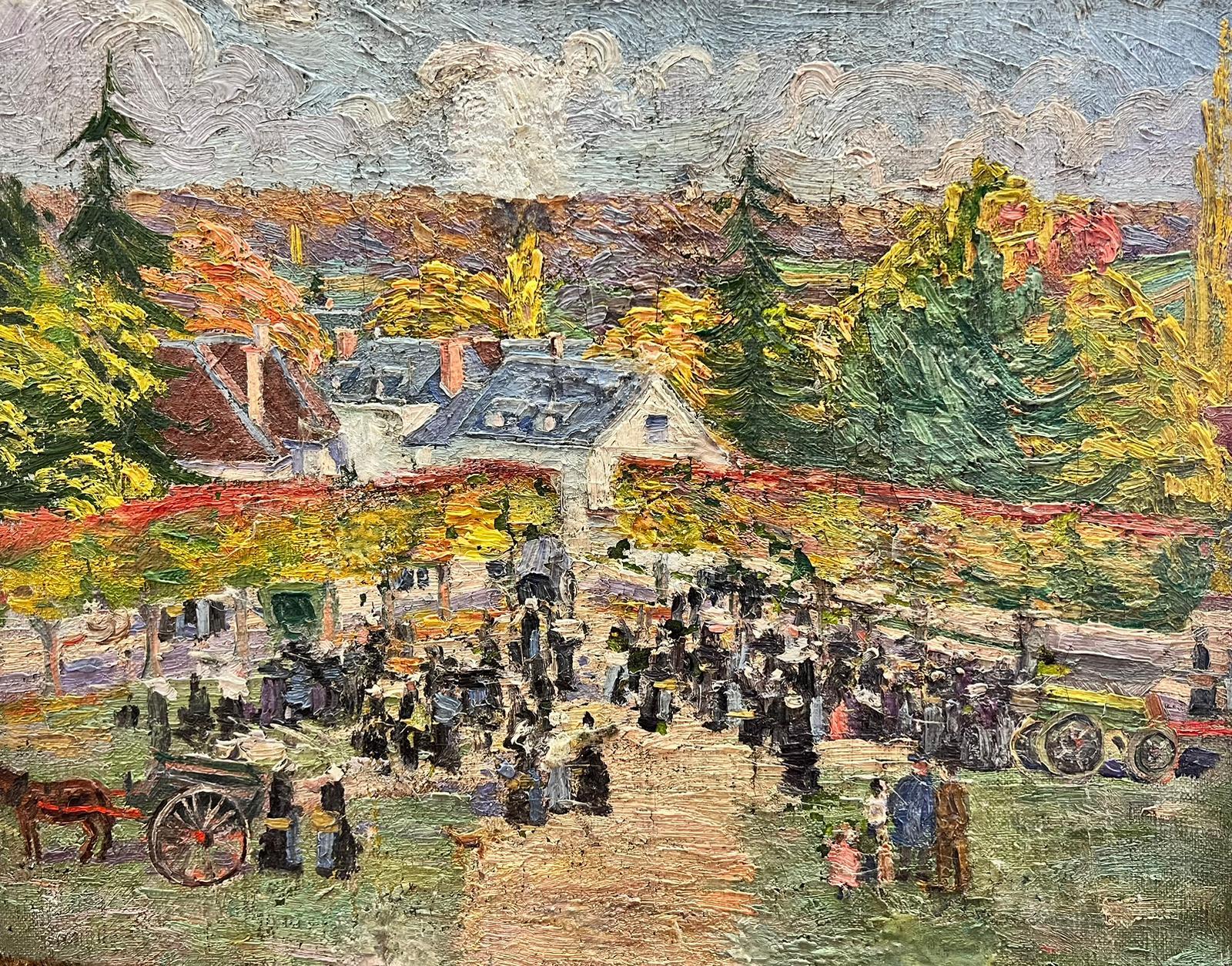 Peinture à l'huile post-impressionniste française « Village Fete Market Gathering » des années 1930