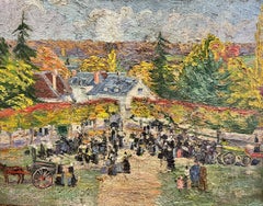 Village Fete Market Gathering 1930's French Post Impressionist Oil Painting