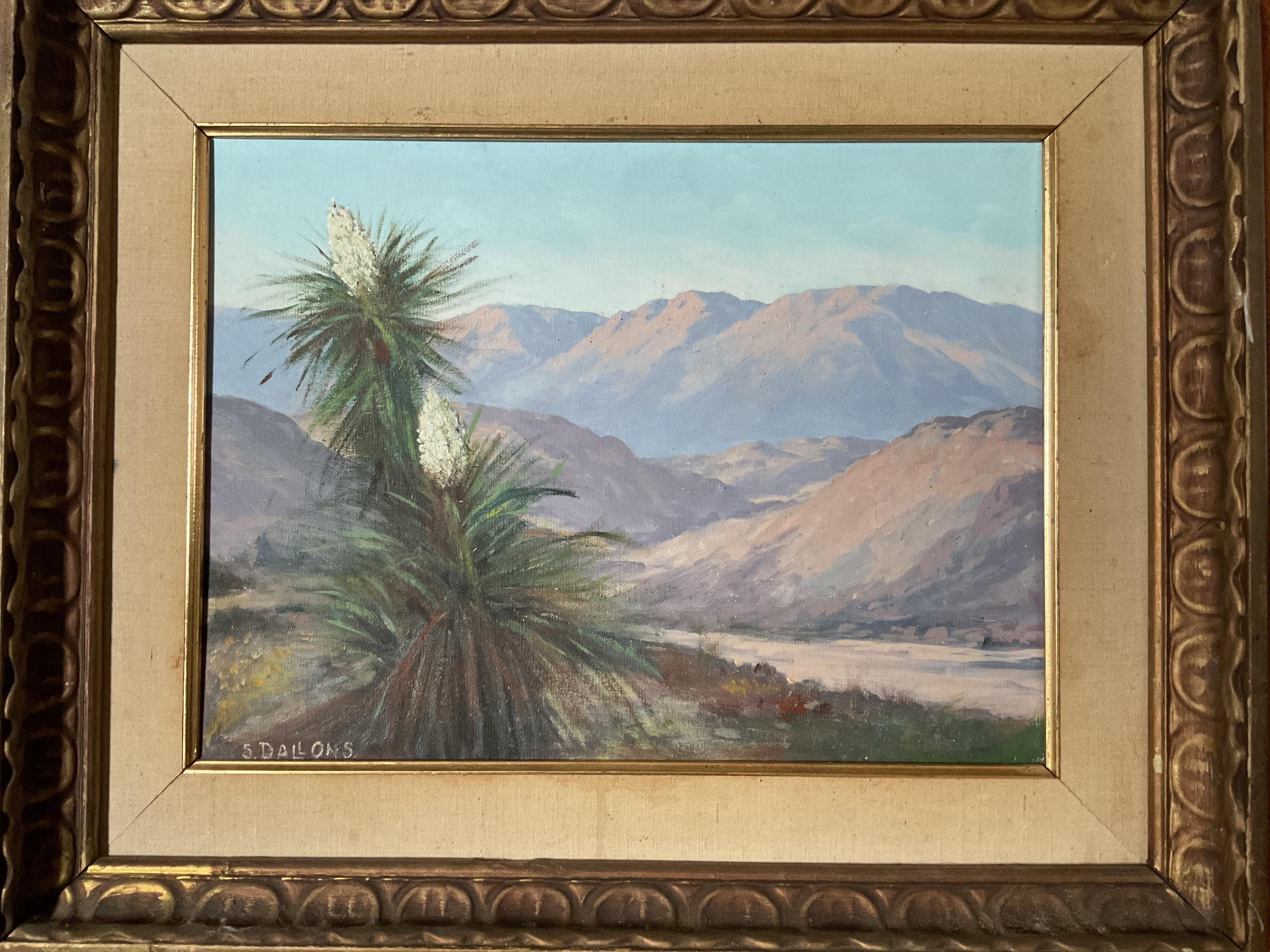 Dies ist ein ungewöhnliches Gemälde eines Canyons in der Gegend von Palm Springs in Südkalifornien.  Im Vordergrund ist eine blühende einheimische Pflanze zu sehen, mit einer schönen Nahaufnahme.  Betrachten Sie es als ein Porträt in einer
