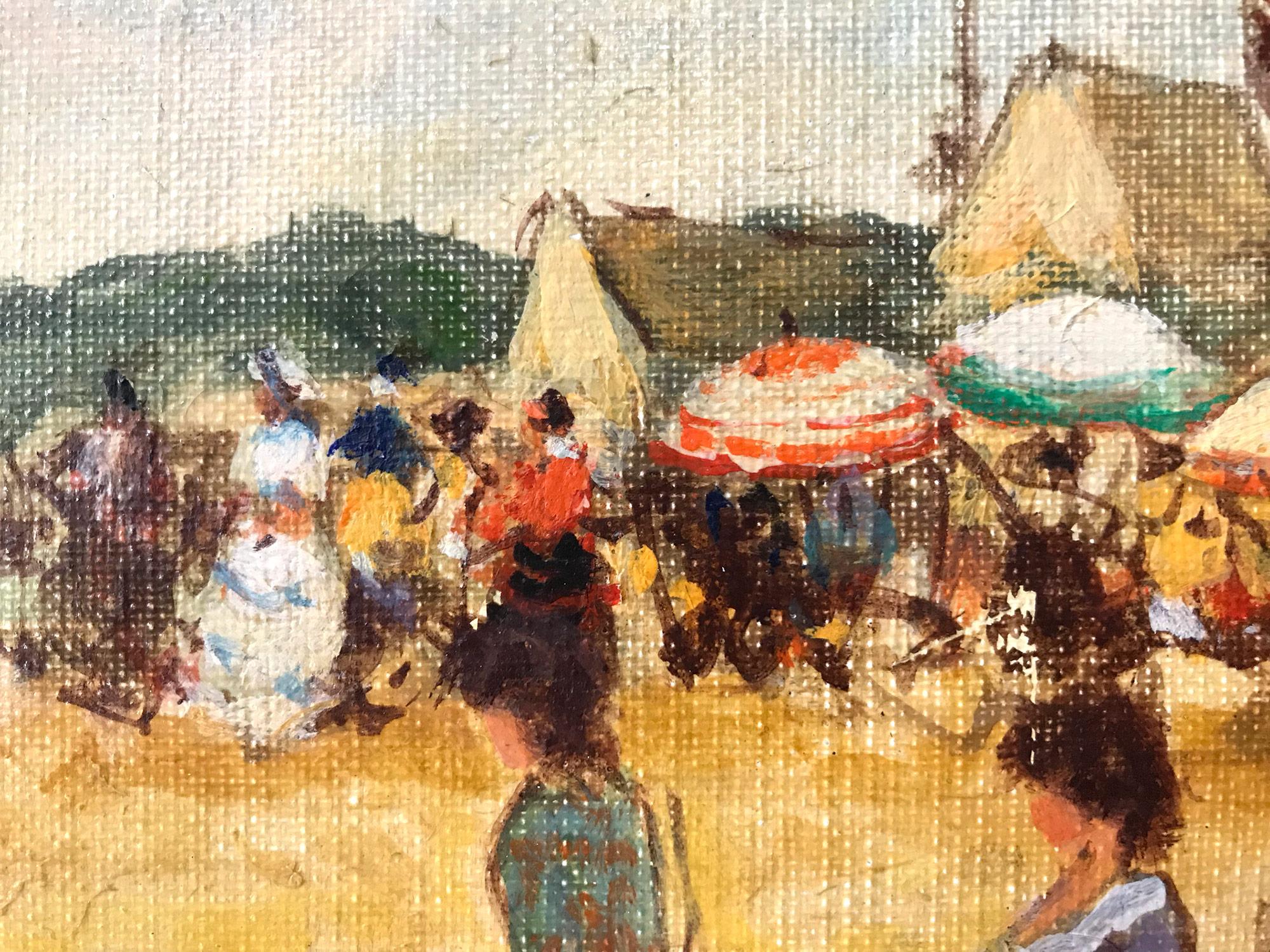 A stunning oil painting depicting figures at the beach in the 20th Century. Demarest was known for her charming intimate figurative scenes portraying life in the North East. She was profoundly active, picking up her subjects from the beaches, parks,