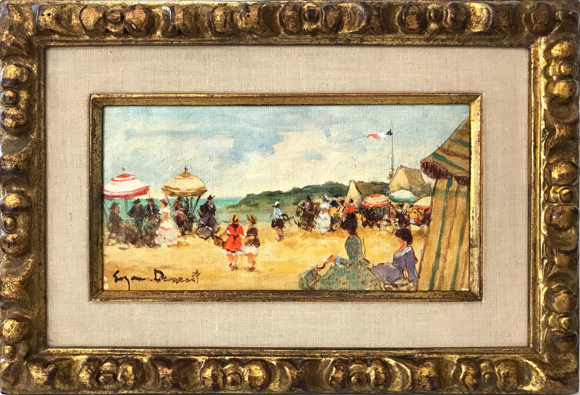 Suzanne Demarest  Figurative Painting - "Beach Scene With Figures" 20th Century American Oil Painting on Canvas