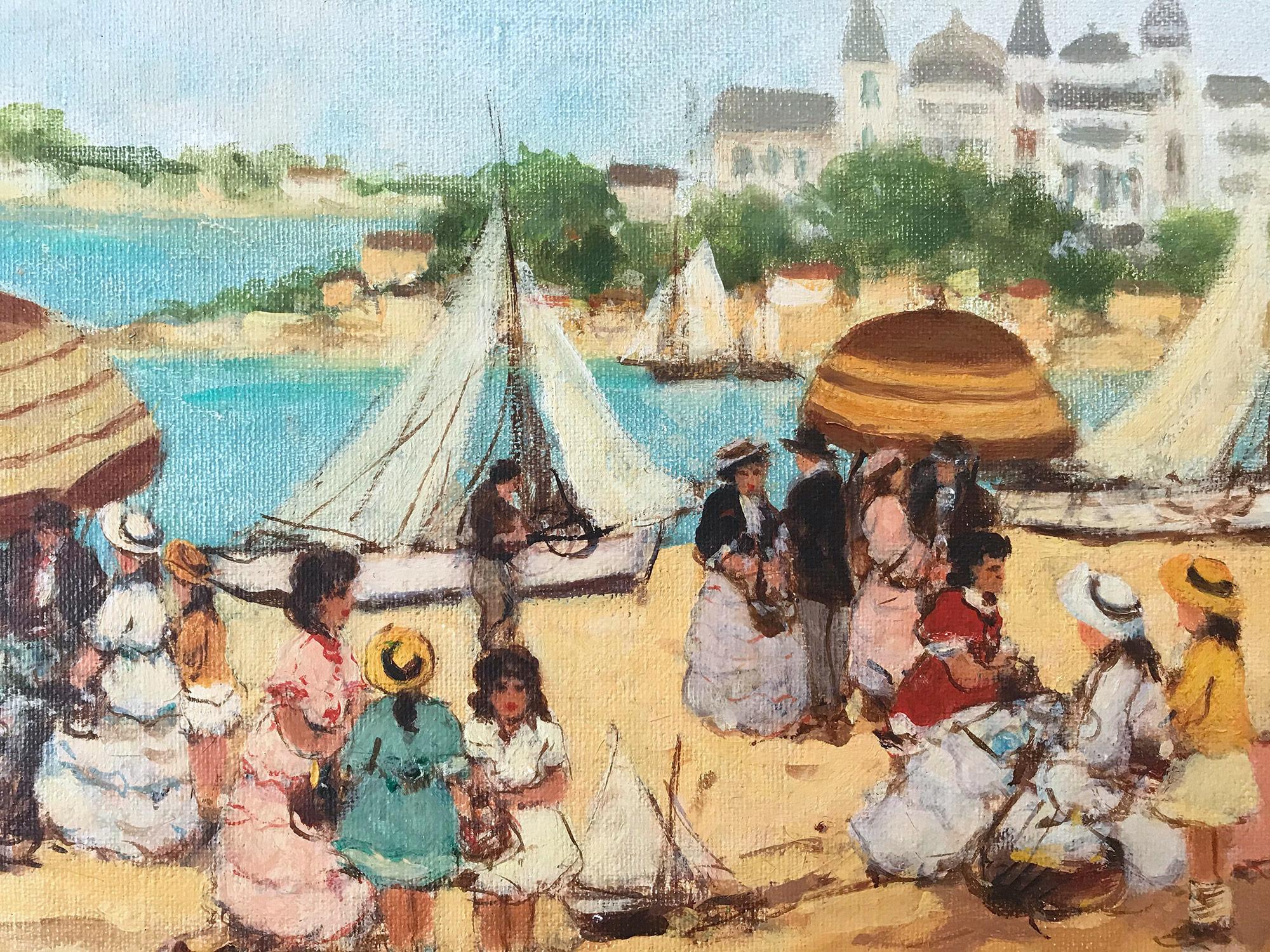 Impressionistisches Ölgemälde auf Leinwand „Sommertag in Nizza“ Französische Strandszene (Amerikanischer Impressionismus), Painting, von Suzanne Demarest 