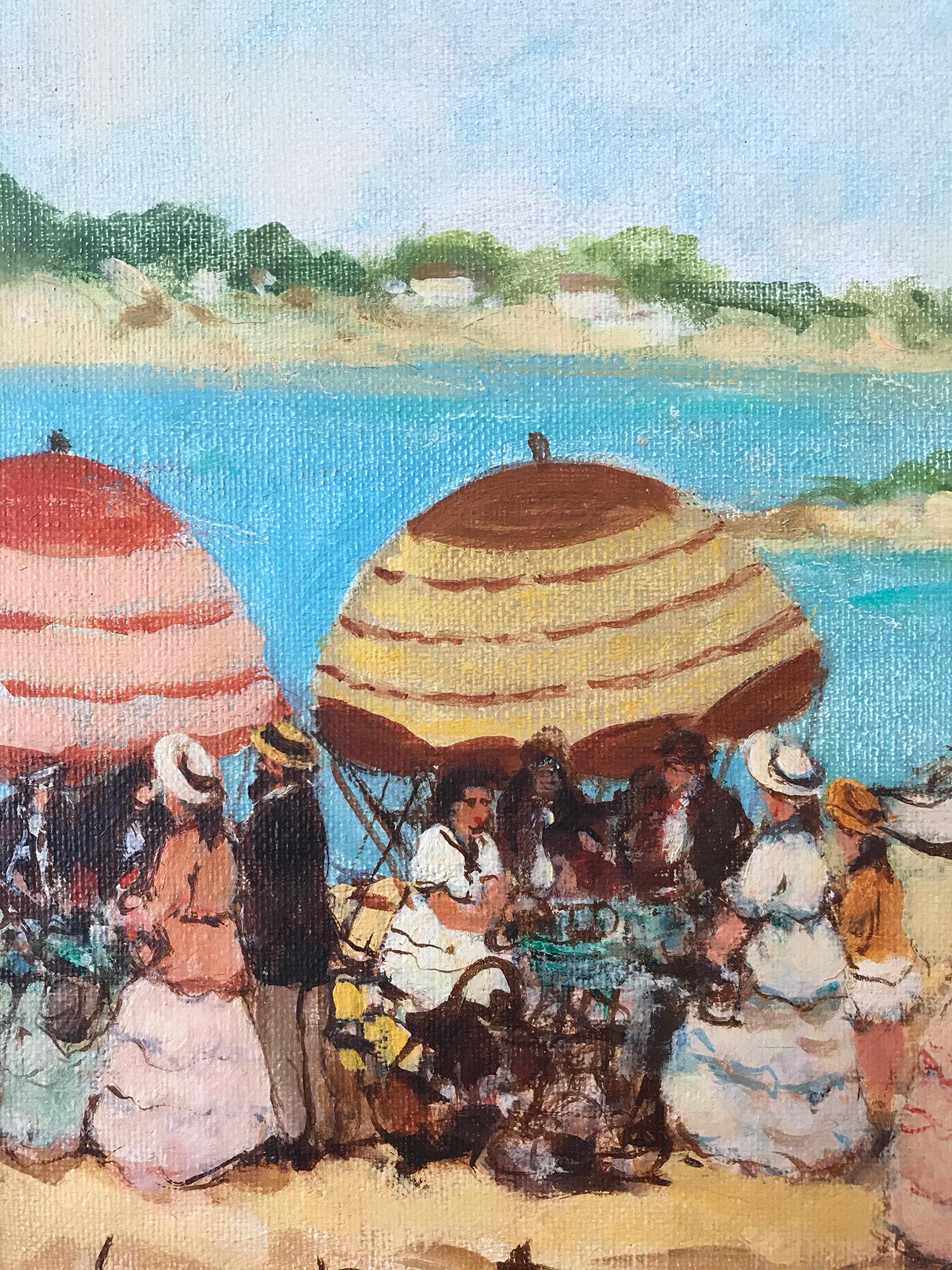 Impressionistisches Ölgemälde auf Leinwand „Sommertag in Nizza“ Französische Strandszene (Beige), Figurative Painting, von Suzanne Demarest 