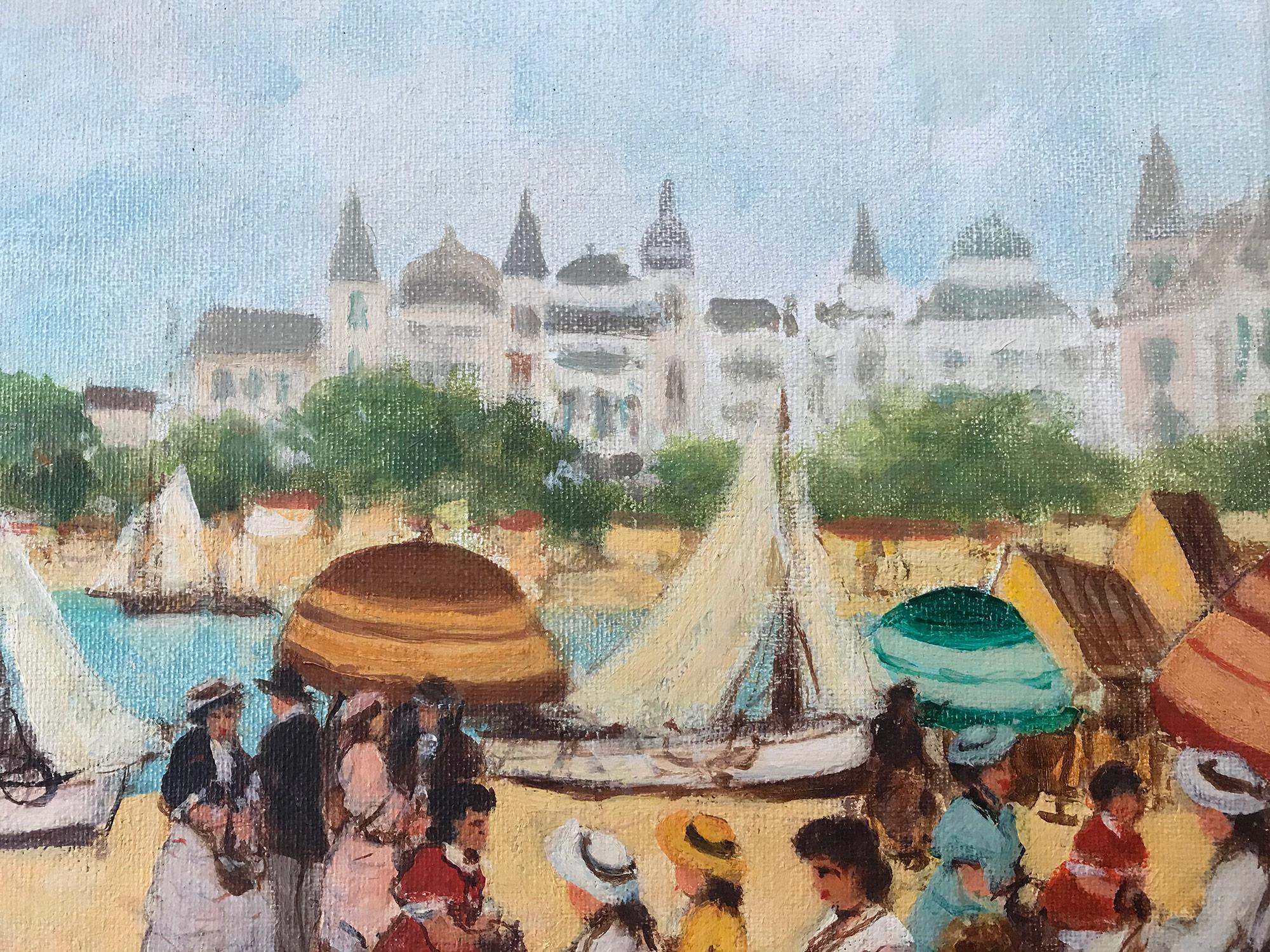 Ein atemberaubendes Ölgemälde, das Figuren am Strand an einem sonnigen Tag in Nizza, Frankreich, im 20. Jahrhundert darstellt. Die leuchtenden Farben und die impressionistischen Pinselstriche sind sowohl detailliert als auch präzise ausgeführt. Die