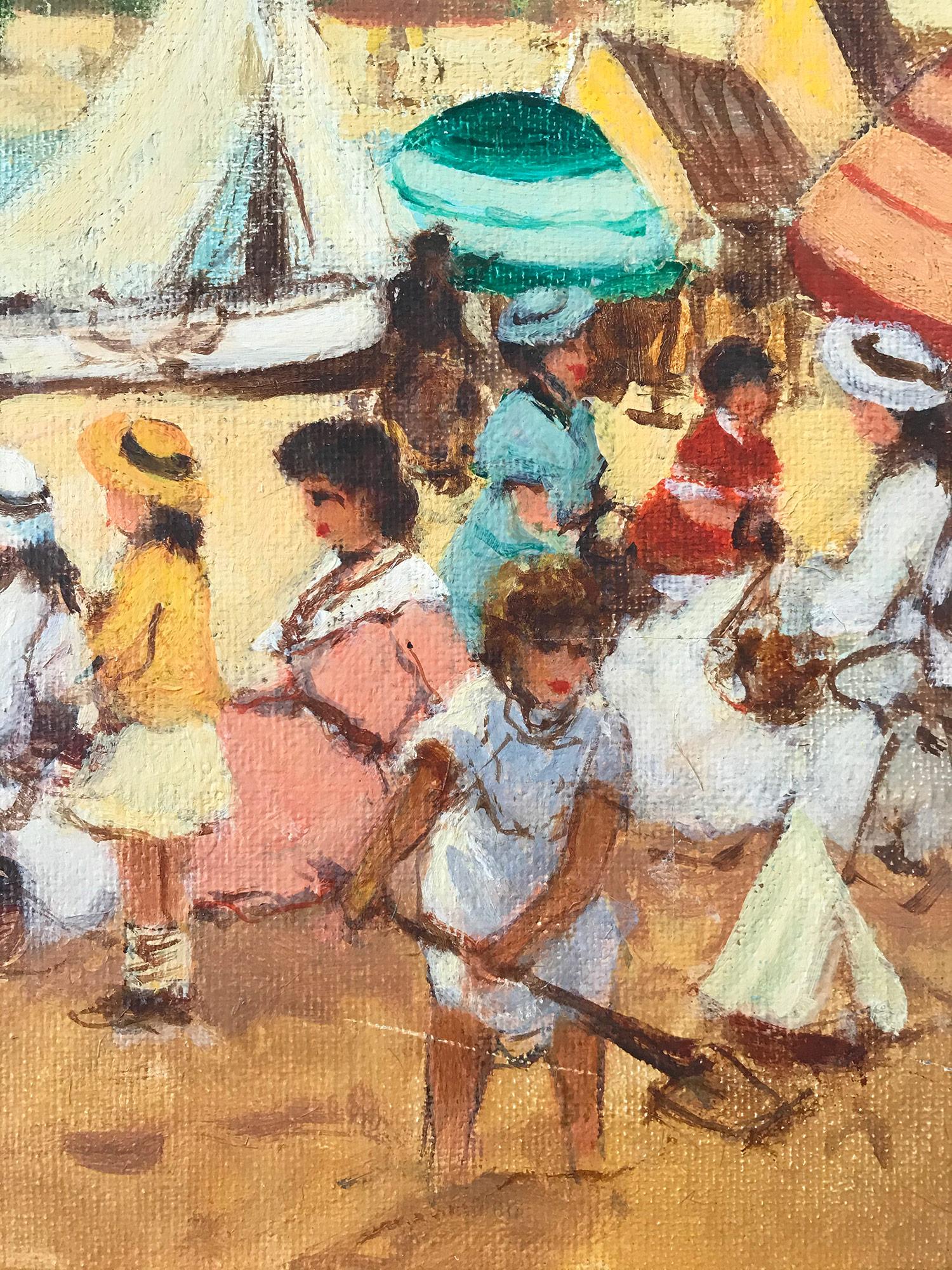 Une superbe peinture à l'huile représentant des personnages sur la plage lors d'une journée ensoleillée à Nice, en France, réalisée au 20e siècle. Les couleurs vives et les coups de pinceau impressionnistes sont réalisés avec précision et minutie.