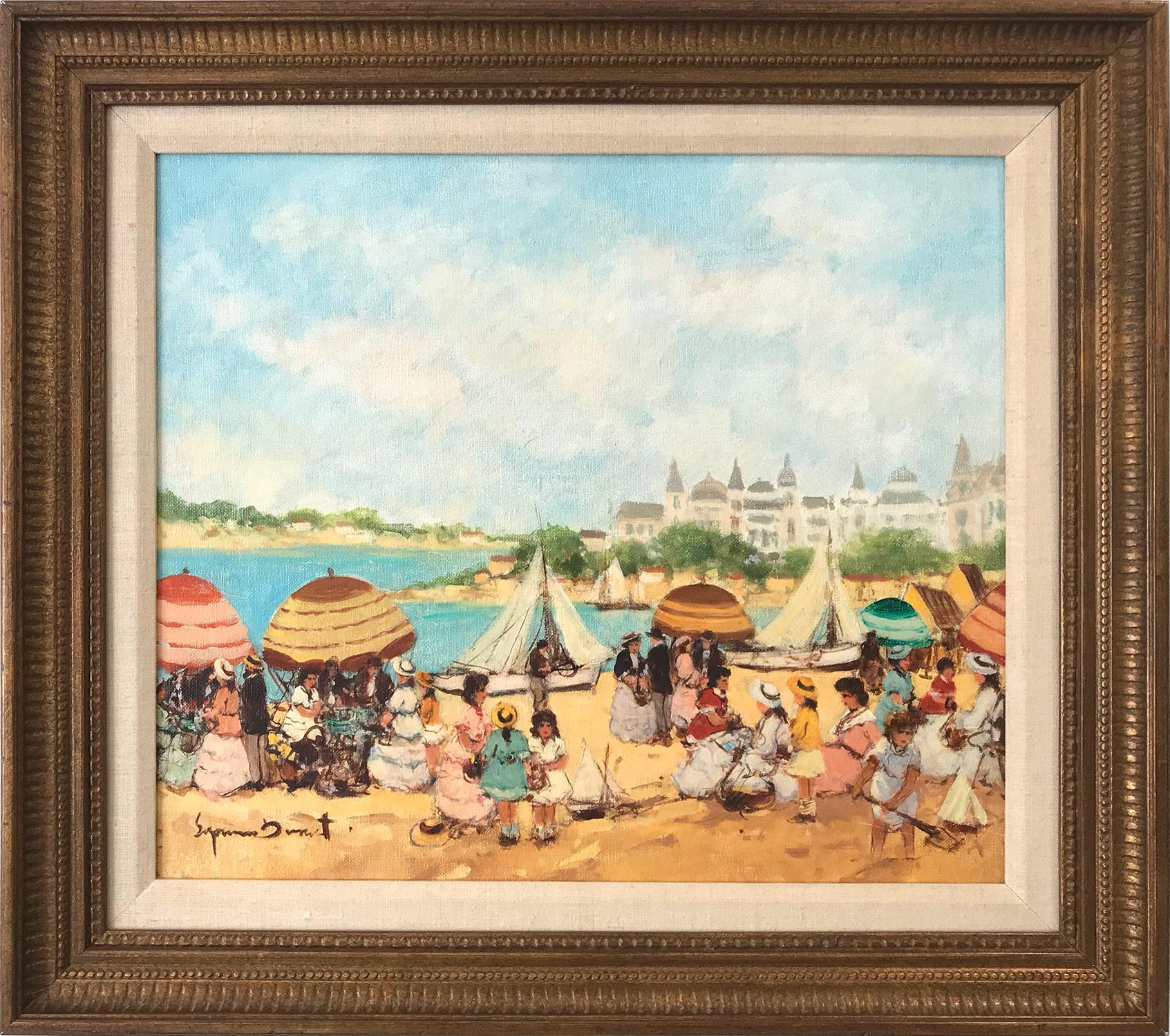 Figurative Painting di Suzanne Demarest  - "Giornata d'estate a Nizza" Scena di spiaggia francese Pittura a olio impressionista su tela