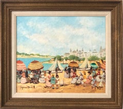 Vintage "Summer Day at Nice" French Beach Scene Impressionistic Oil Painting on Canvas