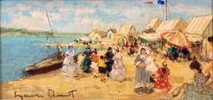 "Beach Scene With Figures" 20th Century American Impressionist Oil Painting