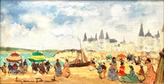 "Escena de playa con figuras" Pintura al óleo impresionista americana del siglo XX