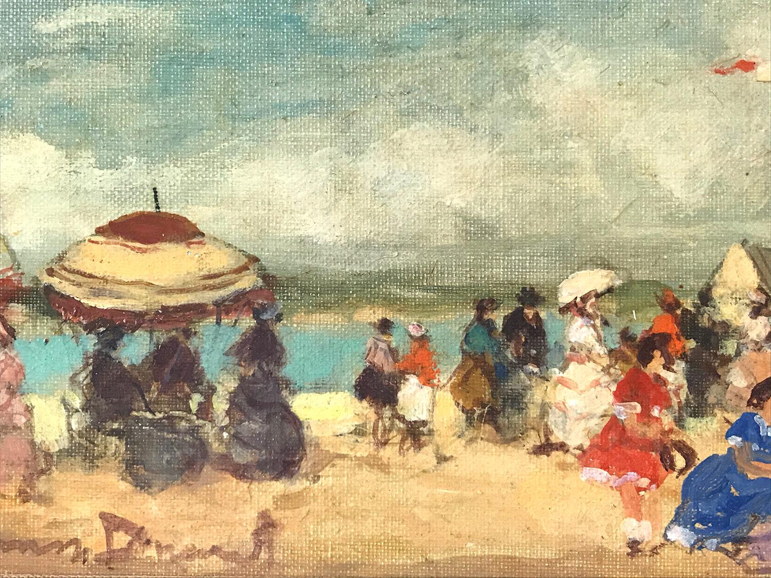 A stunning impressionist oil painting depicting figures at the beach in the 20th Century. Demarest was known for her charming intimate figurative scenes portraying life in the North East. She was profoundly active, picking up her subjects from the