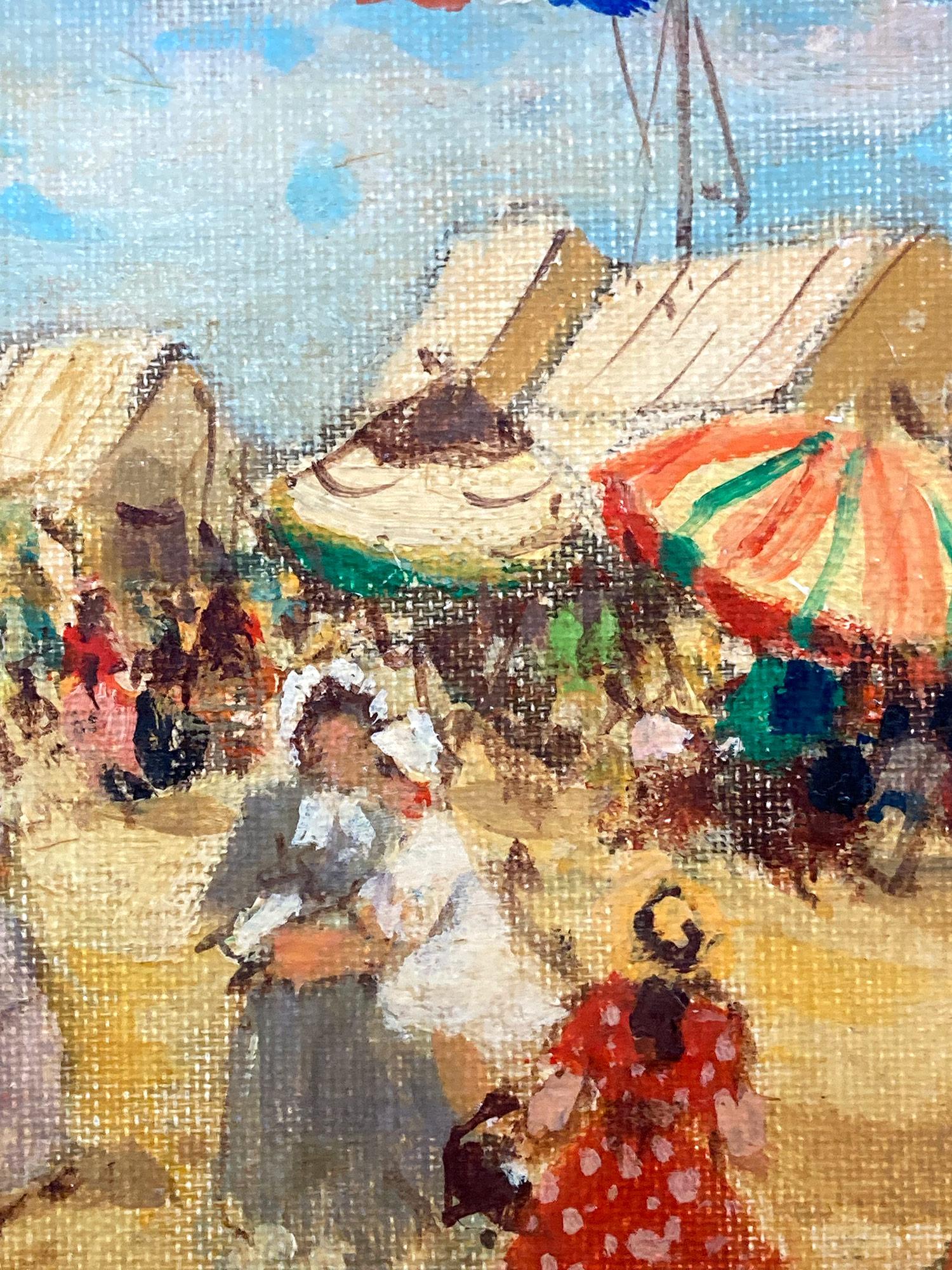 A stunning oil painting scene depicting figures by the beach in a sunny day at the Côte d'Azur France done in the 20th Century. The vibrant colors and impressionistic brushwork is done with both detail and precision. The people are depicted on a