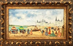 "Escena de playa con figuras" Pintura al óleo impresionista americana del siglo XX