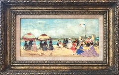 "Beach Scene With Figures" 20th Century American Impressionist Oil Painting