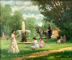 "La Fontaine" Countryside Landscape Oil Painting on Canvas w Fountain & Figures