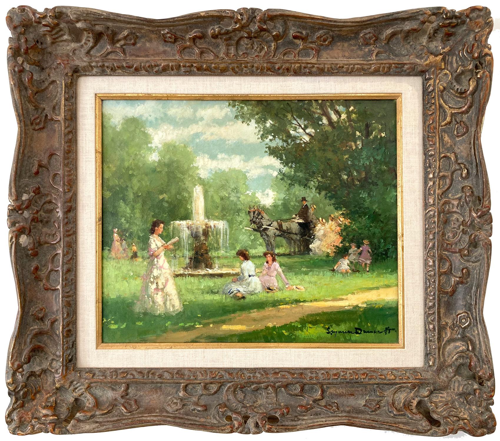 Figurative Painting di Suzanne Demarest  - "La Fontaine" Paesaggio di campagna dipinto a olio su tela con fontana e figure