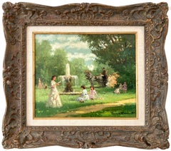 "La Fontaine" Paisaje rural Pintura al óleo sobre lienzo con fuente y figuras