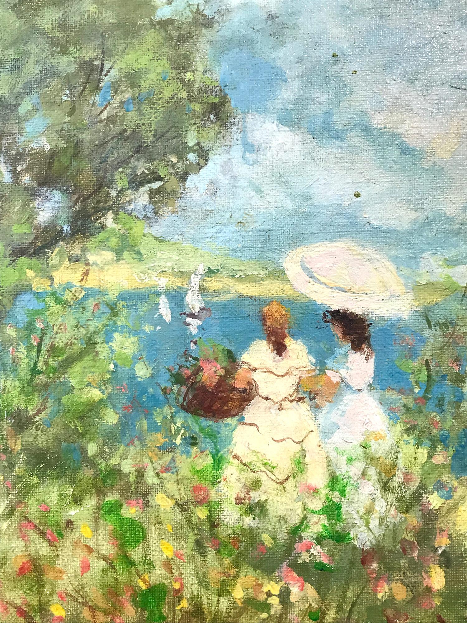 A stunning oil painting depicting figures by the Lakeside in the 20th Century. Demarest was known for her charming intimate figurative scenes portraying life in the North East. She was profoundly active, picking up her subjects from the beaches,