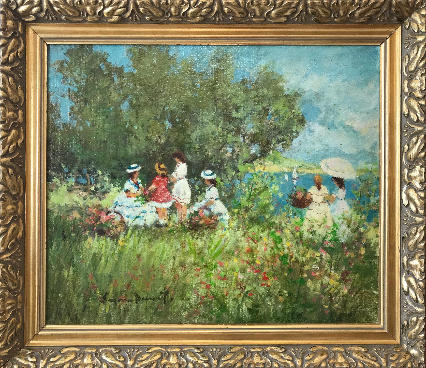 Suzanne Demarest  Landscape Painting - "Lakeside Picnic Scene with Figures" Impressionist French Oil Painting on Canvas