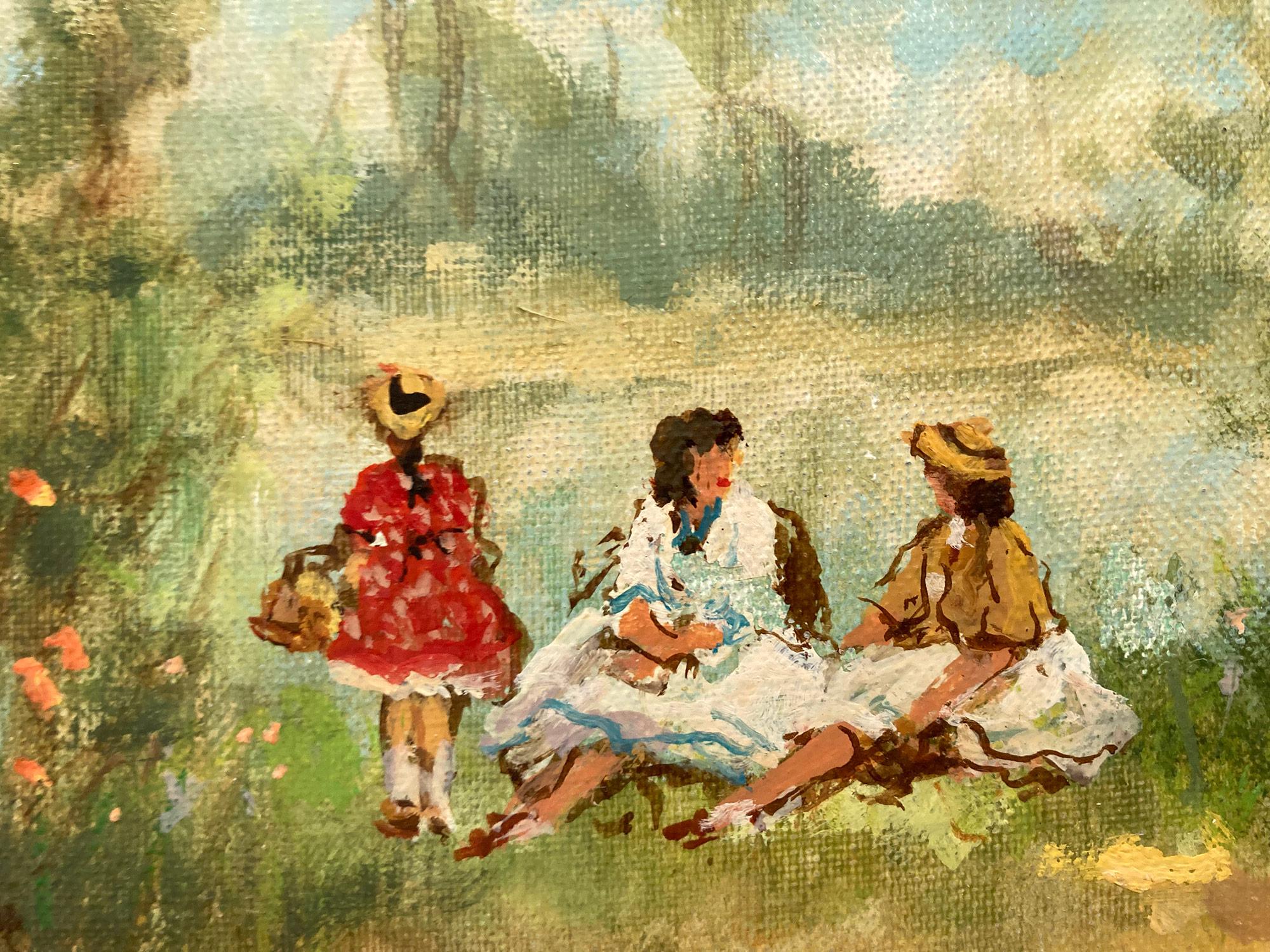 A stunning oil painting scene depicting figures in the park by the Lakeside on a sunny day done in the 20th Century. The vibrant colors and impressionistic brushwork is done with both detail and precision. The people are depicted on a beautiful