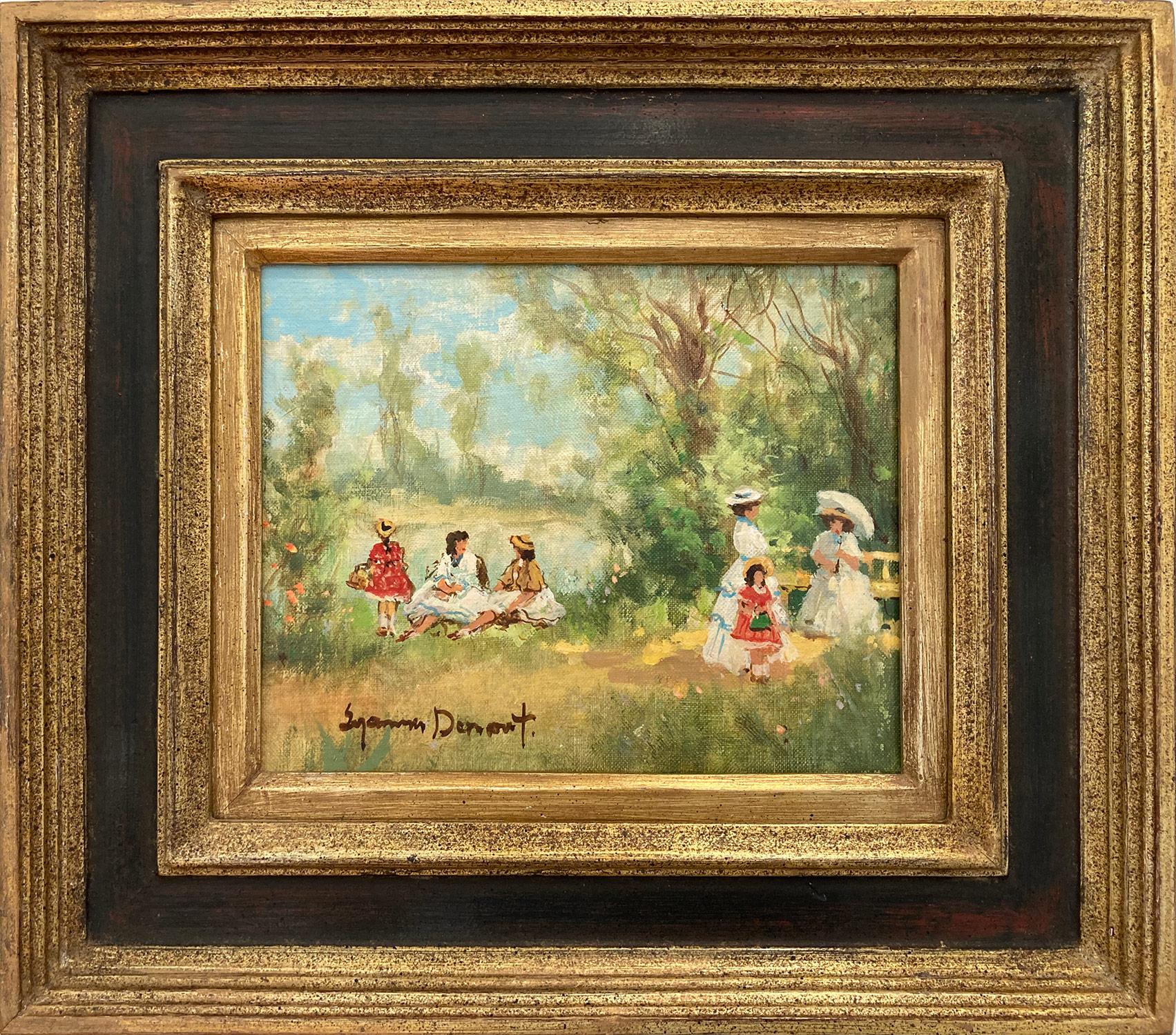 Suzanne Demarest  Figurative Painting - "Lakeside Park Scene with Figures" Impressionist French Oil Painting on Canvas