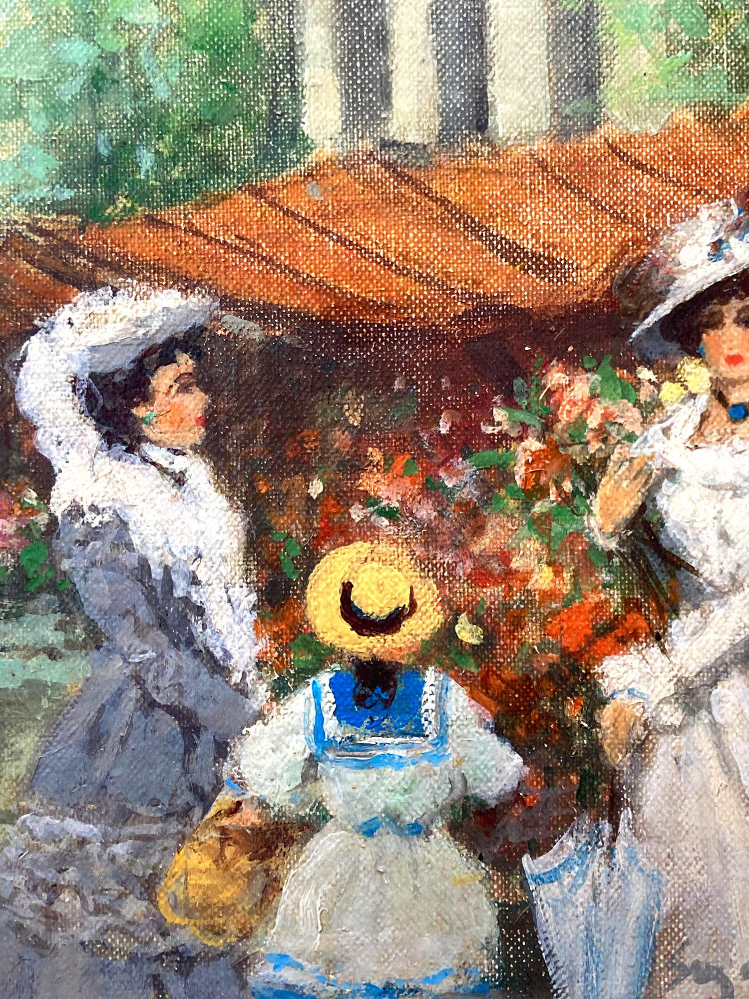 A stunning oil painting scene depicting figures by a flower market next to La Madeleine in Paris done in the 20th Century. The vibrant colors and impressionistic brushwork is done with both detail and precision. The flower vendors are depicted on a