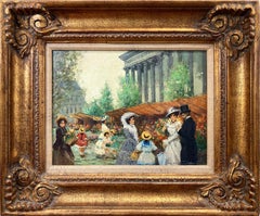 "Flower Market, La Madeleine, Paris" Impressionist Oil Painting on Canvas Scene