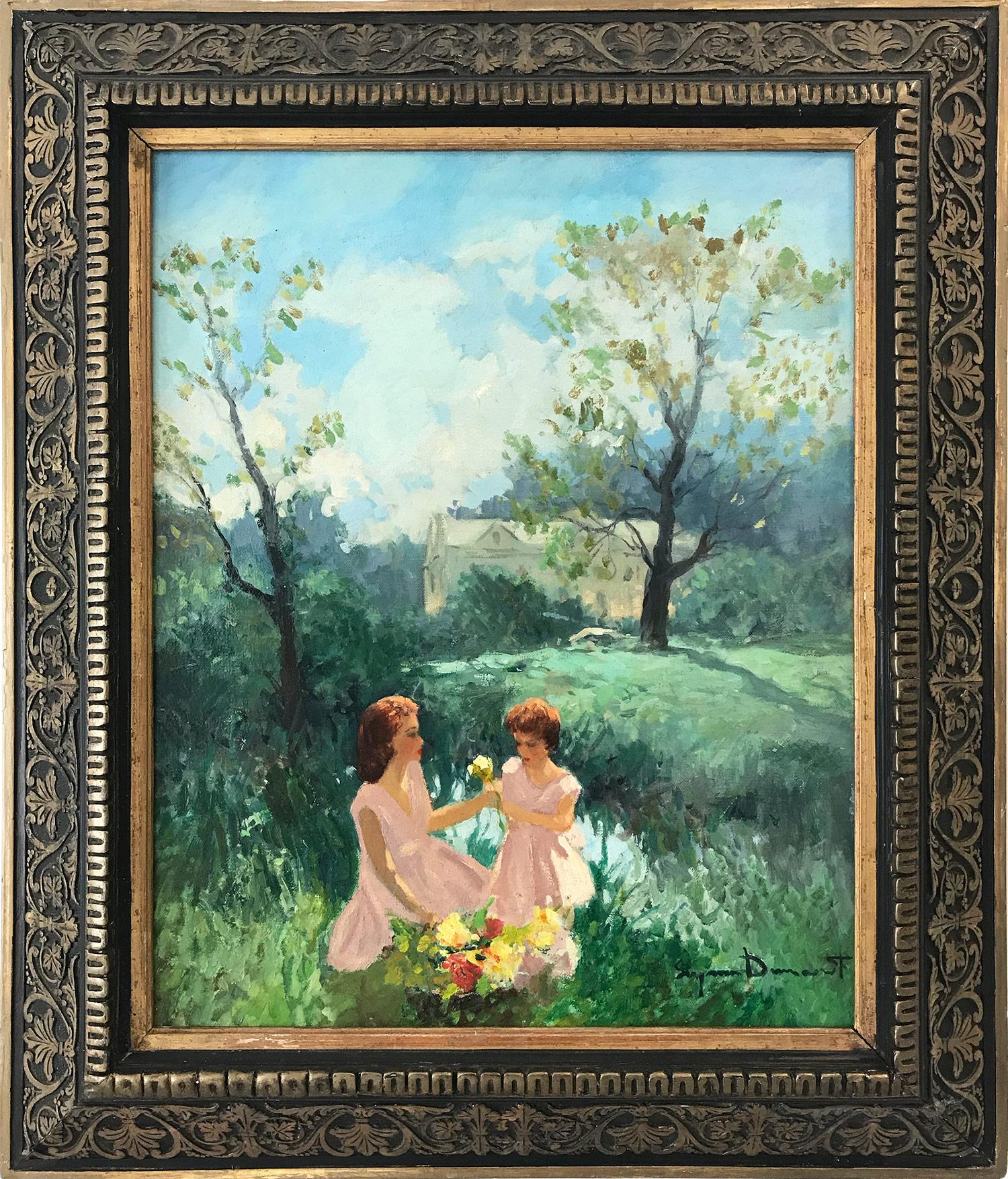 "Women in Field Picking Flowers" Countryside Landscape Oil Painting on Canvas