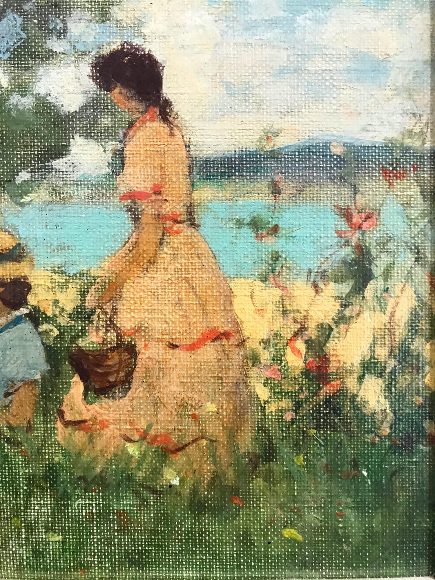 A whimsical oil painting depicting a picnic park scene near a lake during the early 20th Century. Demarest was known for her charming intimate figurative scenes portraying life in the North East. She was profoundly active, picking up her subjects