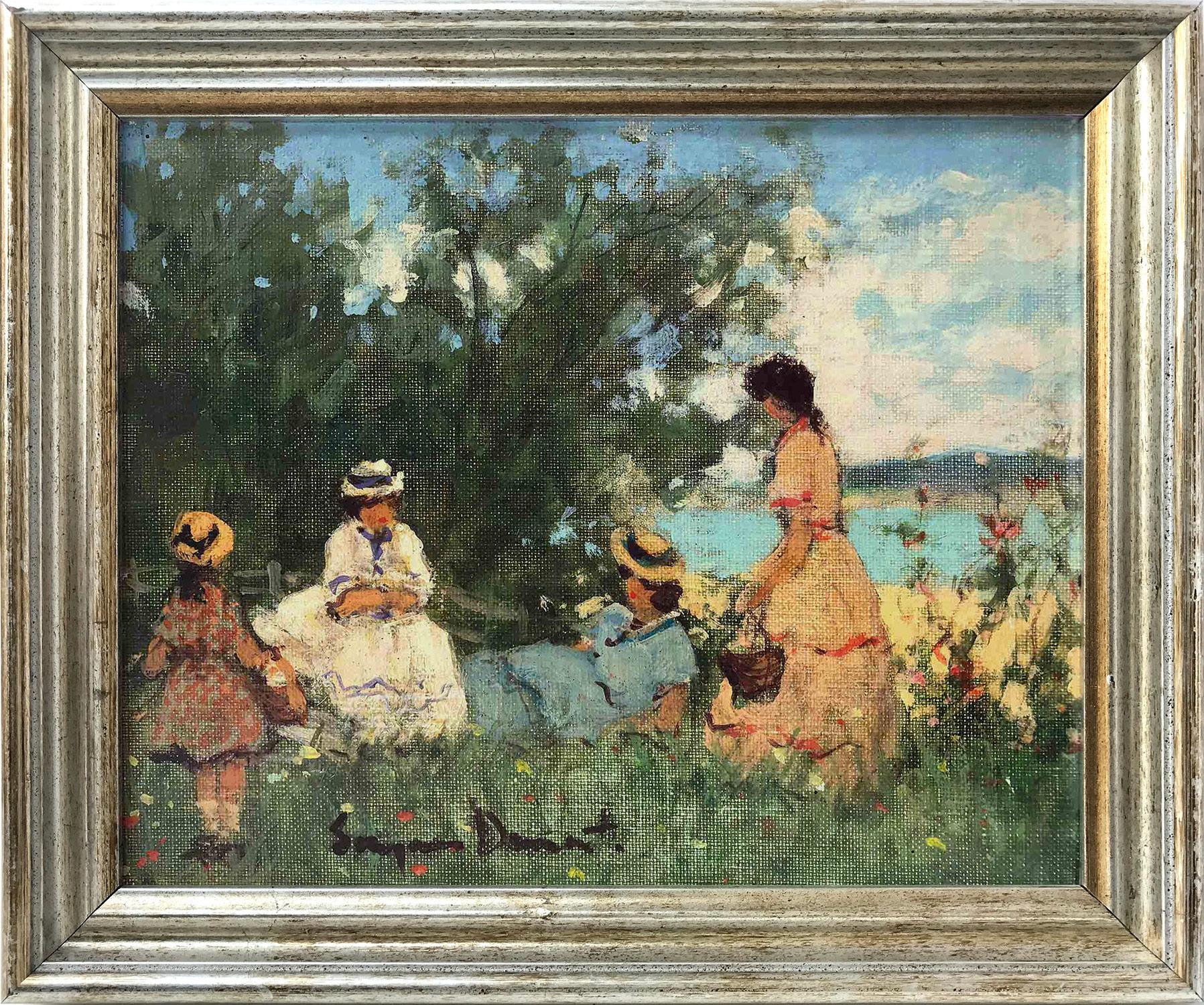 Suzanne Demarest  Figurative Painting - "Picnic Park Scene near the Beach" 20th Century American Oil Painting on Canvas