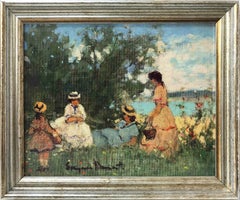 „Picnic Park Scene near the Beach“ amerikanisches Ölgemälde auf Leinwand:: 20. Jahrhundert