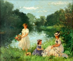 "Plaisirs de l'été" Lakeside Landscape Oil Painting Canvas of Figures w Flowers