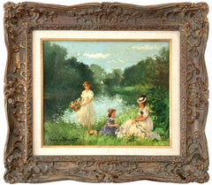 "Plaisirs de l'été" Peinture à l'huile sur toile de figures et fleurs au bord d'un lac