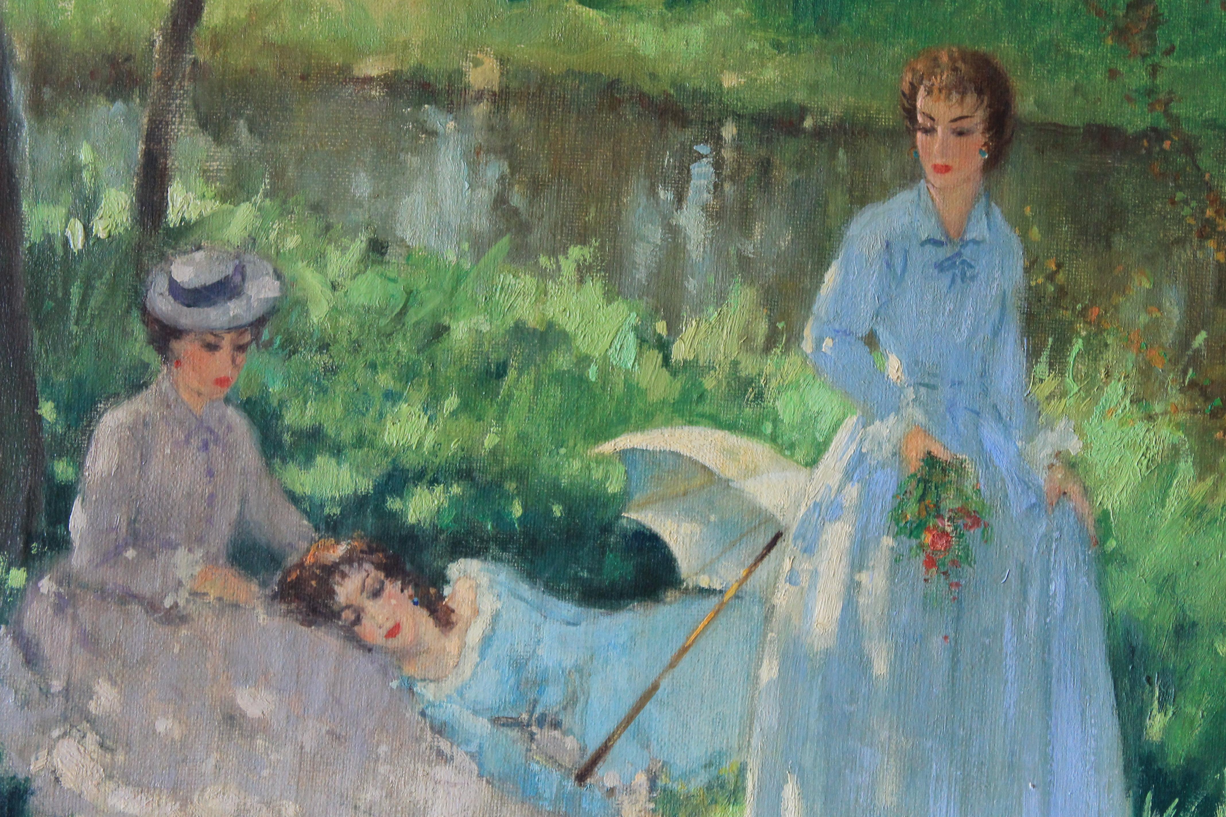 Paisaje vintage de tres mujeres en un paisaje, de Suzanne Demarest (1900-1985) 2