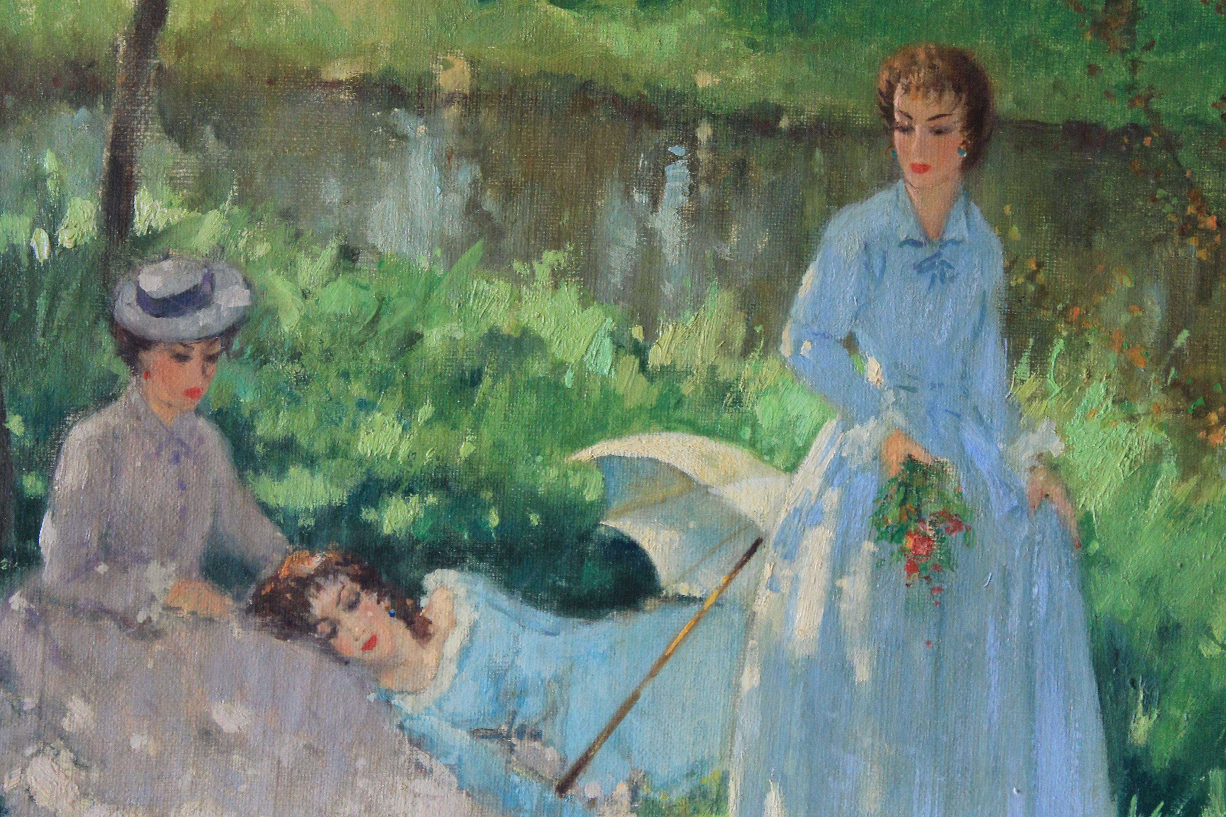 Paisaje vintage de tres mujeres en un paisaje, de Suzanne Demarest (1900-1985) 3