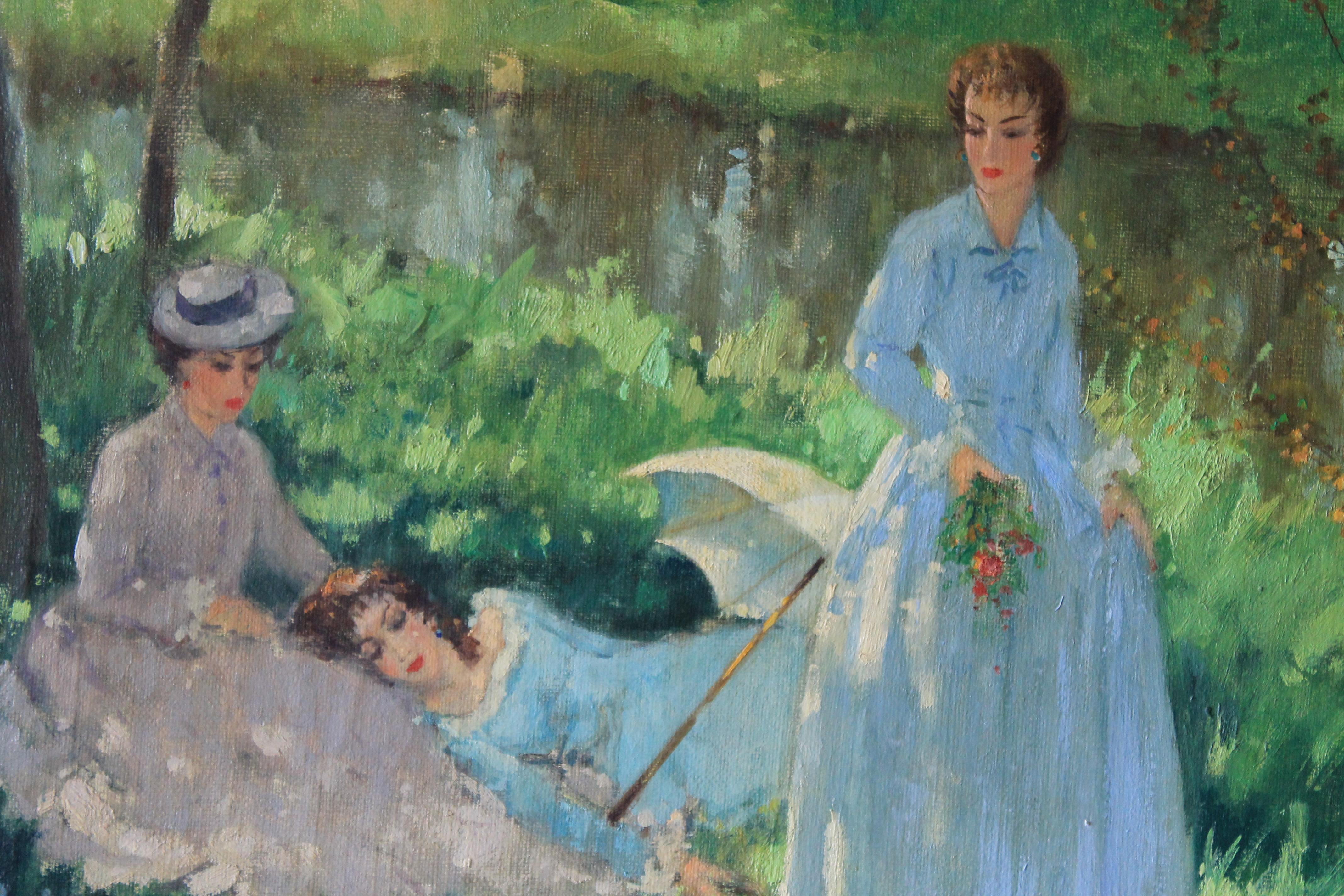 Un óleo realmente bello de la artista francesa/estadounidense Suzanne Demarest (1900 - 1985) de tres mujeres en un paisaje junto a un río.  Es uno de esos cuadros tan suaves y cautivadores como un susurro, que invita al espectador a convertirse en