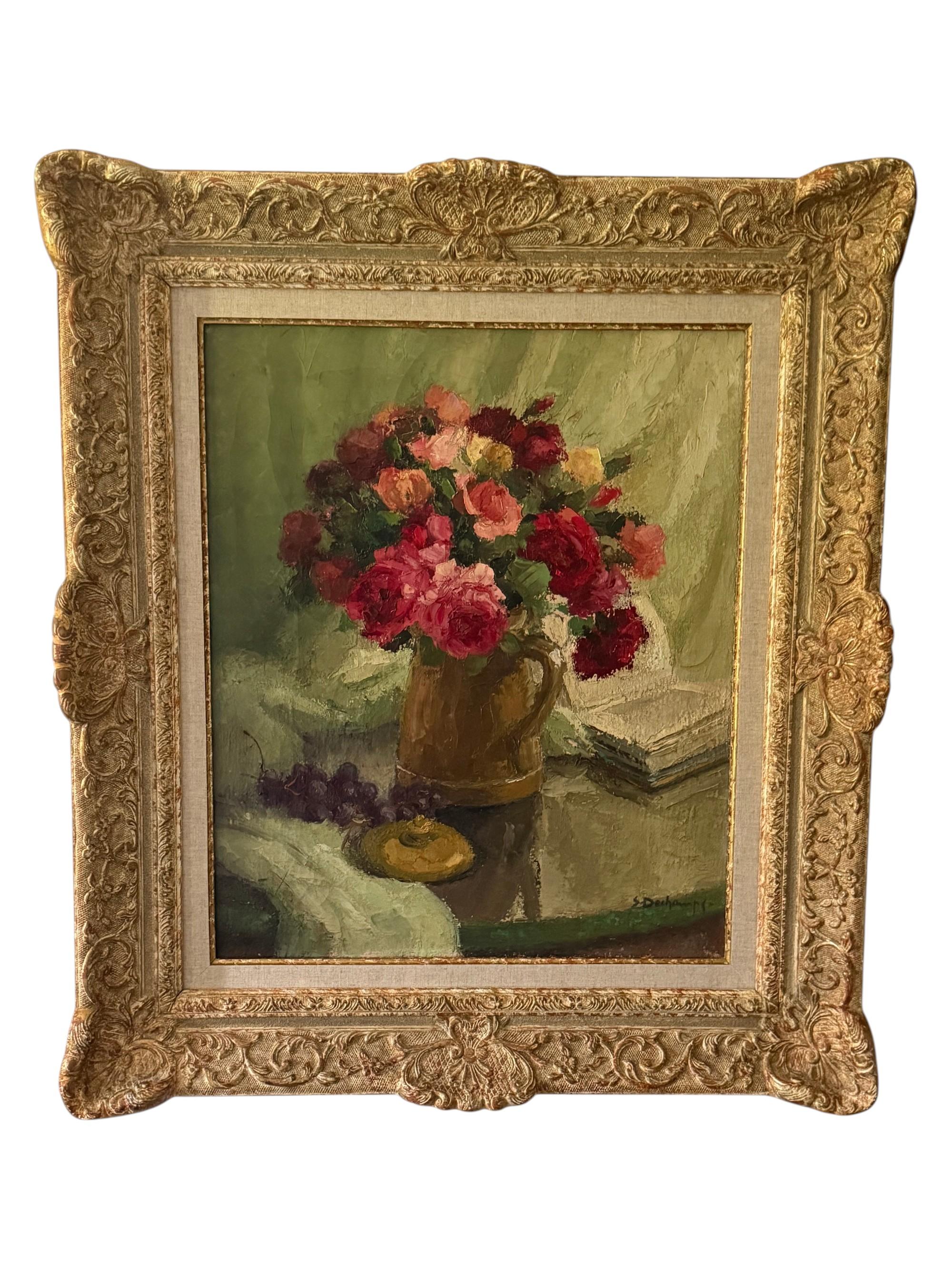 Antique Roses Still Life Oil Painting, 1920's French Art Deco Floral Bouquet