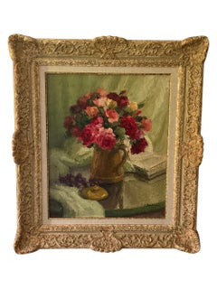 Antique Roses Still Life Oil Painting, 1920's French Art Deco Floral Bouquet