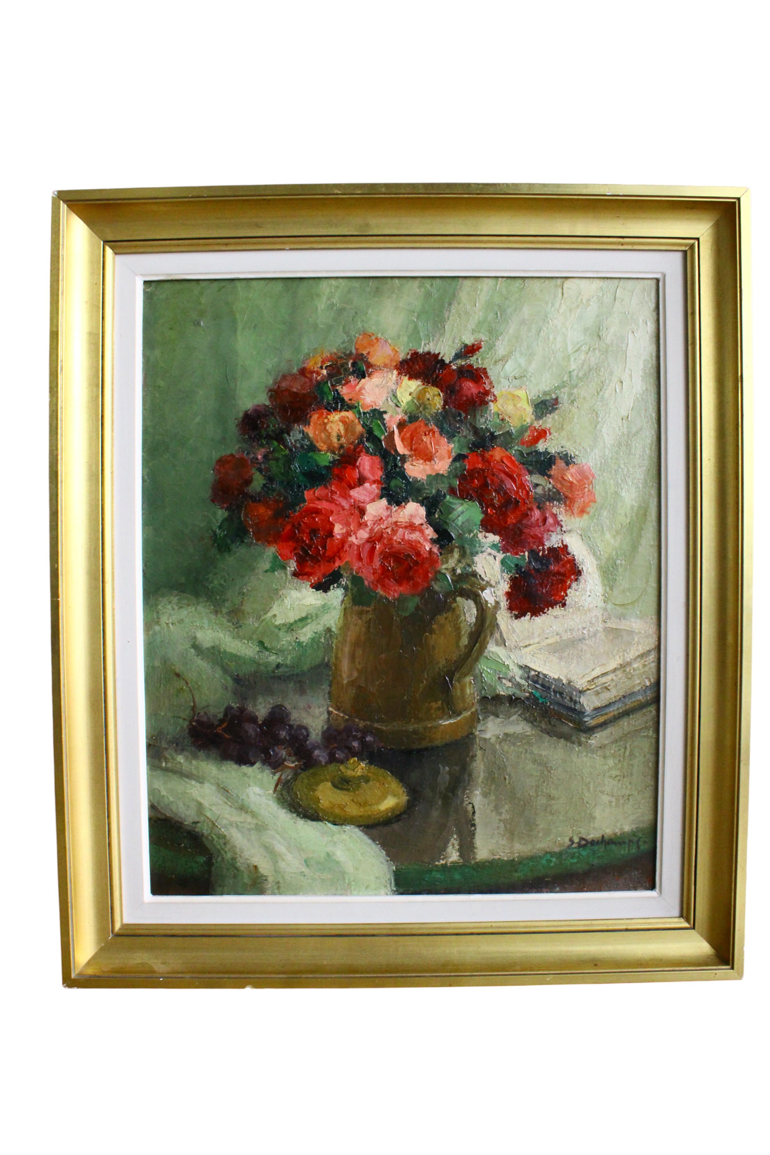 Suzanne Deschamps Interior Painting - Still Life Oil Painting of roses and grapes, Post-Impressionist Roses on canvas