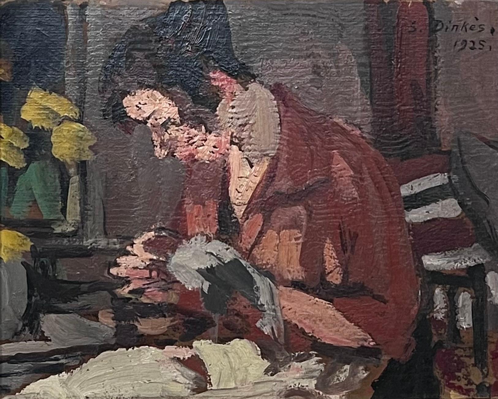 Französisches impressionistisches signiertes Ölgemälde einer sitzenden Dame in Innenarbeit, Französisch, 1920er Jahre – Painting von Suzanne Dinkes