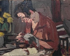 1920's French Impressionist Signed Oil Painting Lady Seated in Interior Sewing