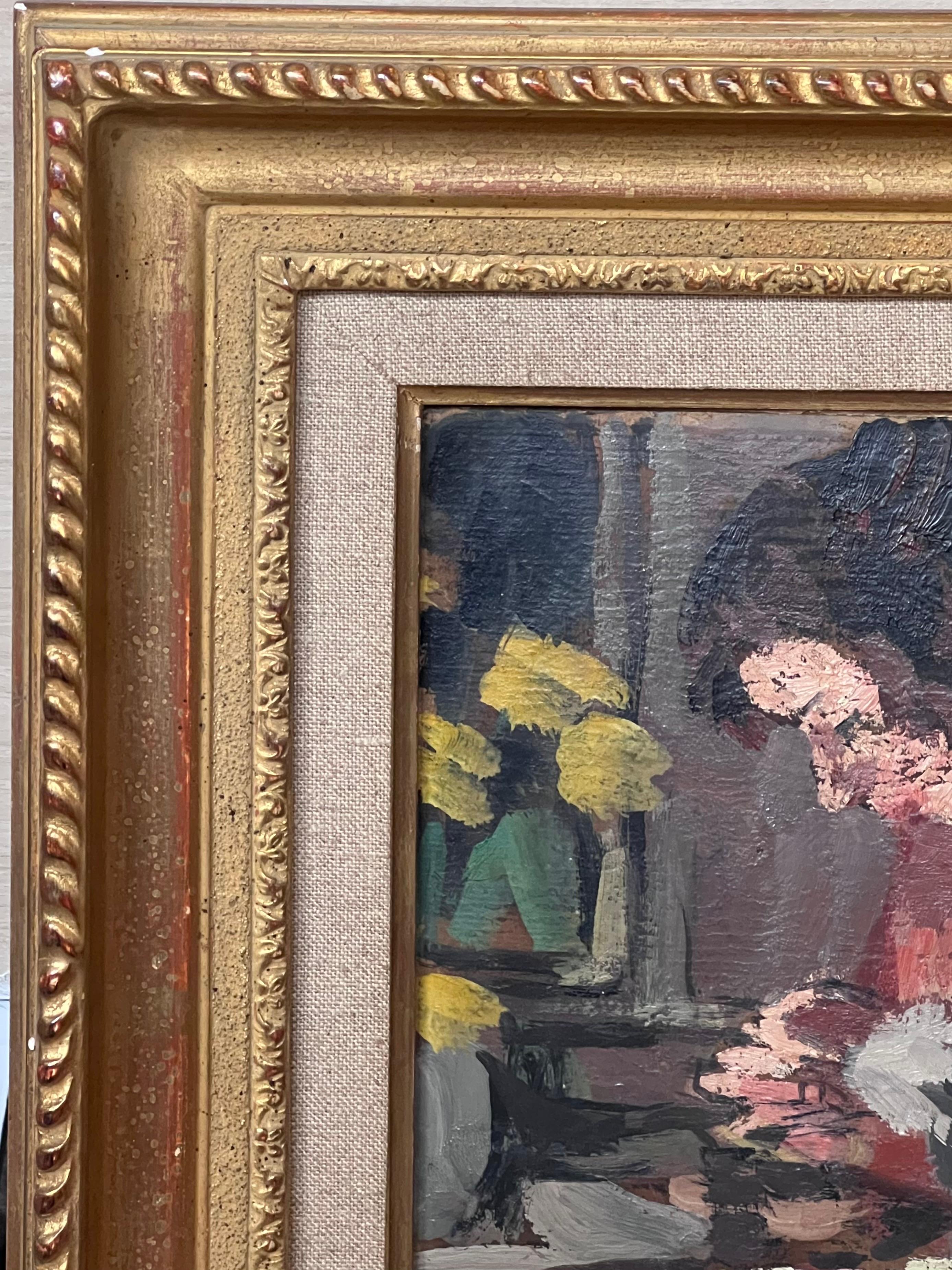 Französisches impressionistisches signiertes Ölgemälde einer sitzenden Dame in Innenarbeit, Französisch, 1920er Jahre (Braun), Interior Painting, von Suzanne Dinkes
