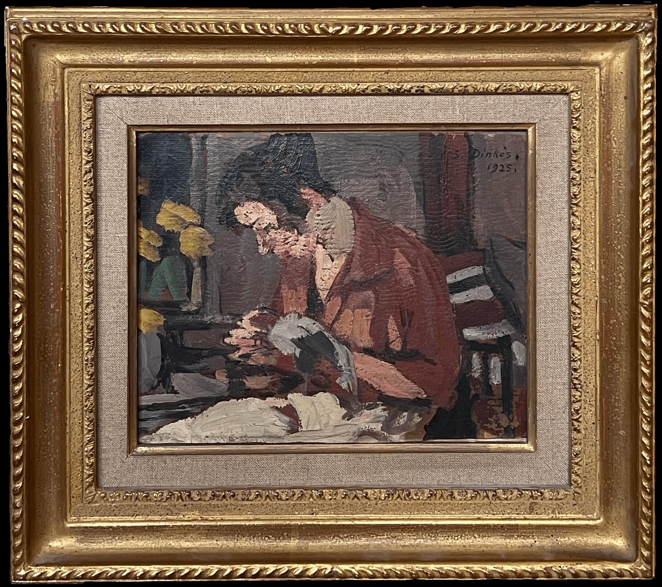 Peinture à l'huile impressionniste française des années 1920, signée Dame assise dans un intérieur en train de coudre