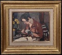 1920's French Impressionist Signed Oil Painting Lady Seated in Interior Sewing