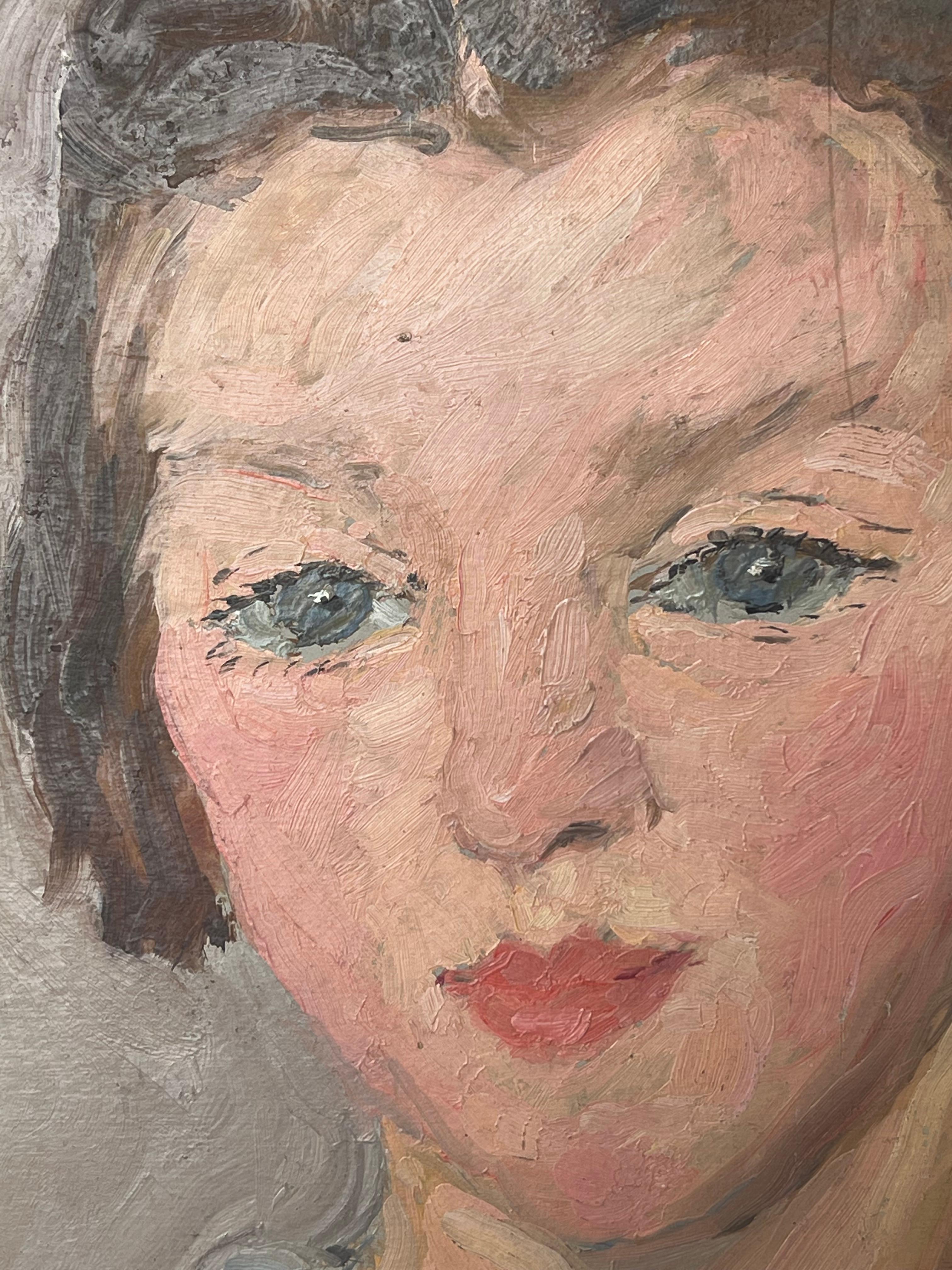Huile impressionniste française des années 1930 Portrait d'une jeune femme avec un joli chemisier bleu - Post-impressionnisme Painting par Suzanne Dinkes