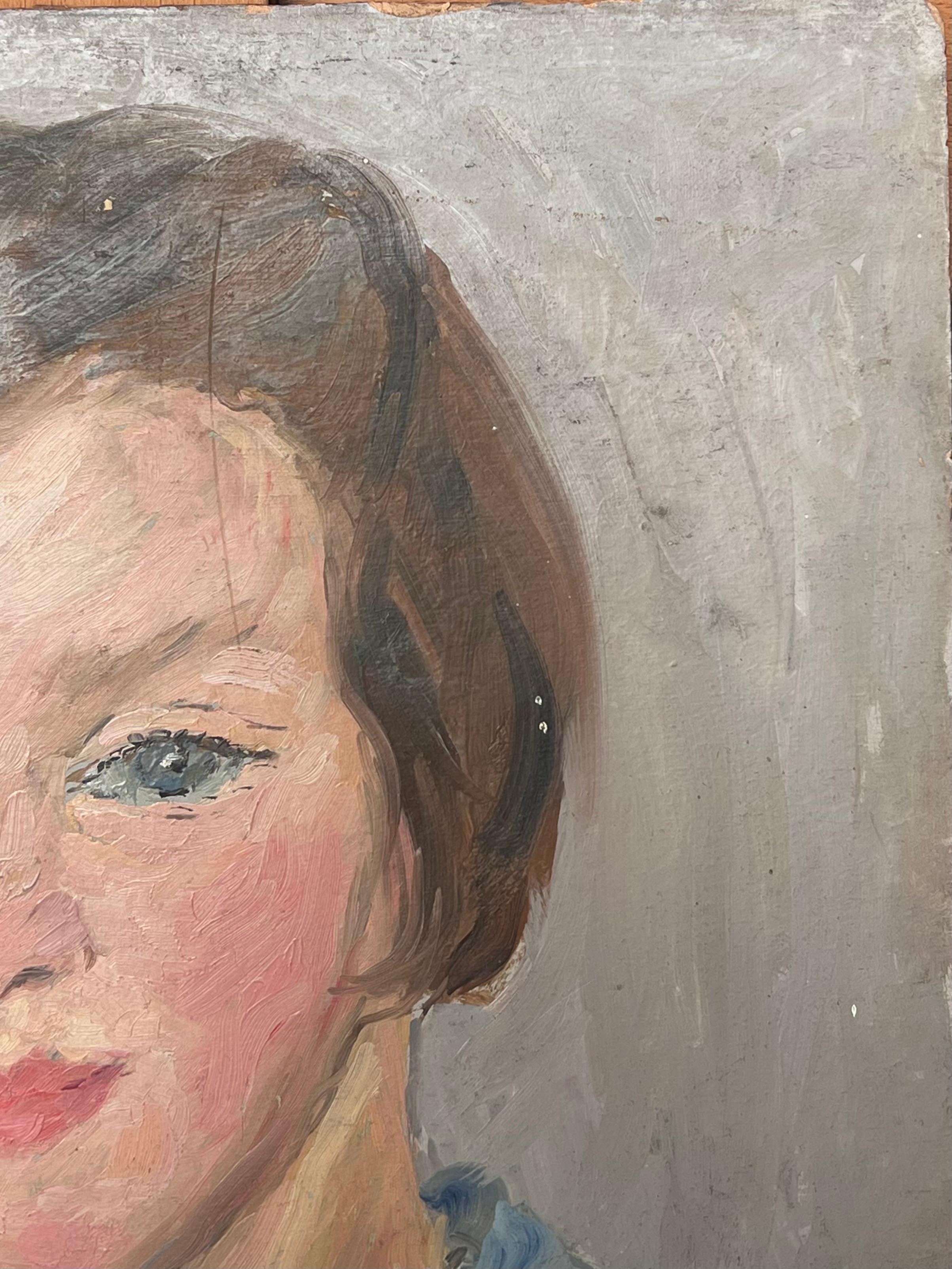 Huile impressionniste française des années 1930 Portrait d'une jeune femme avec un joli chemisier bleu en vente 1