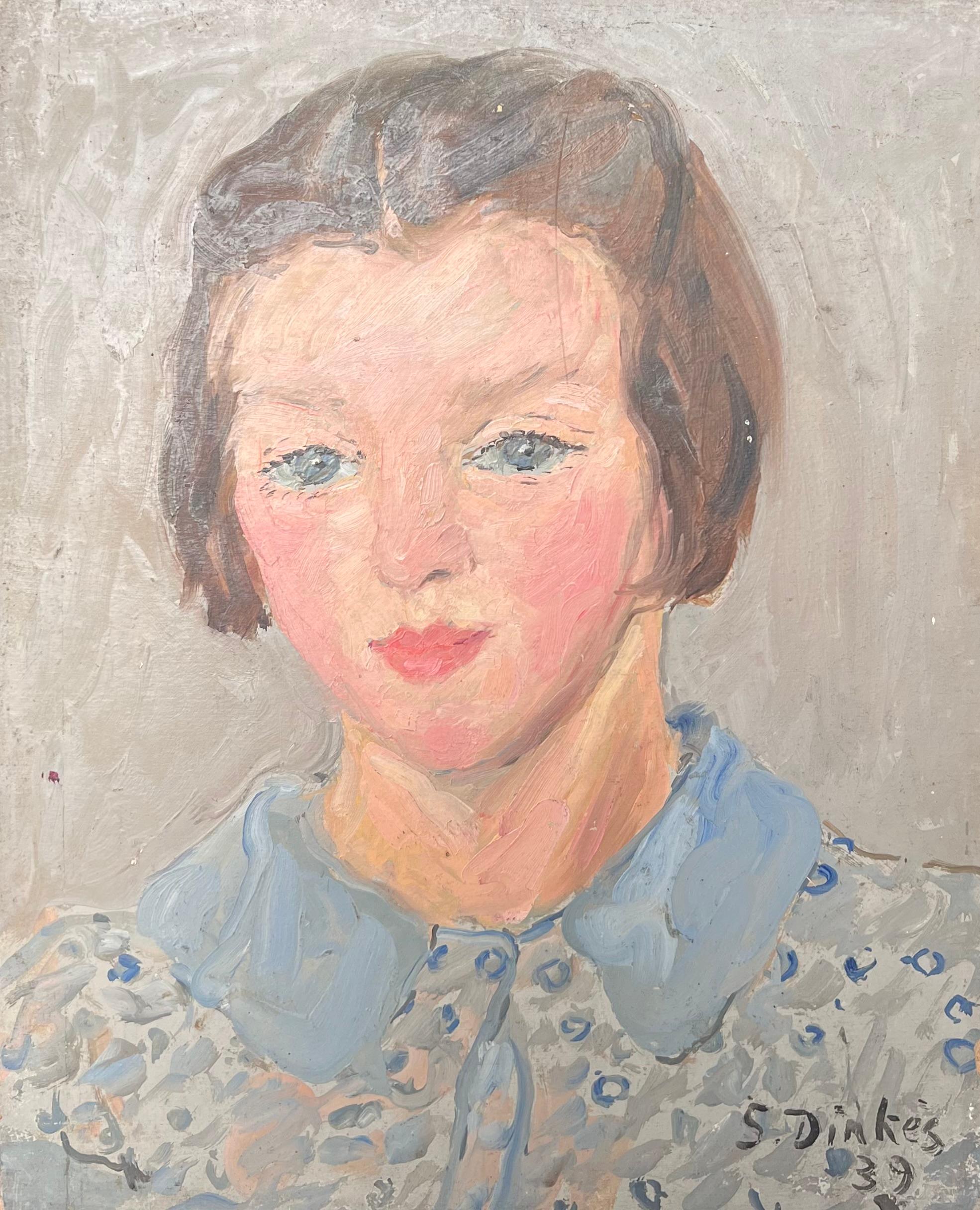 Huile impressionniste française des années 1930 Portrait d'une jeune femme avec un joli chemisier bleu